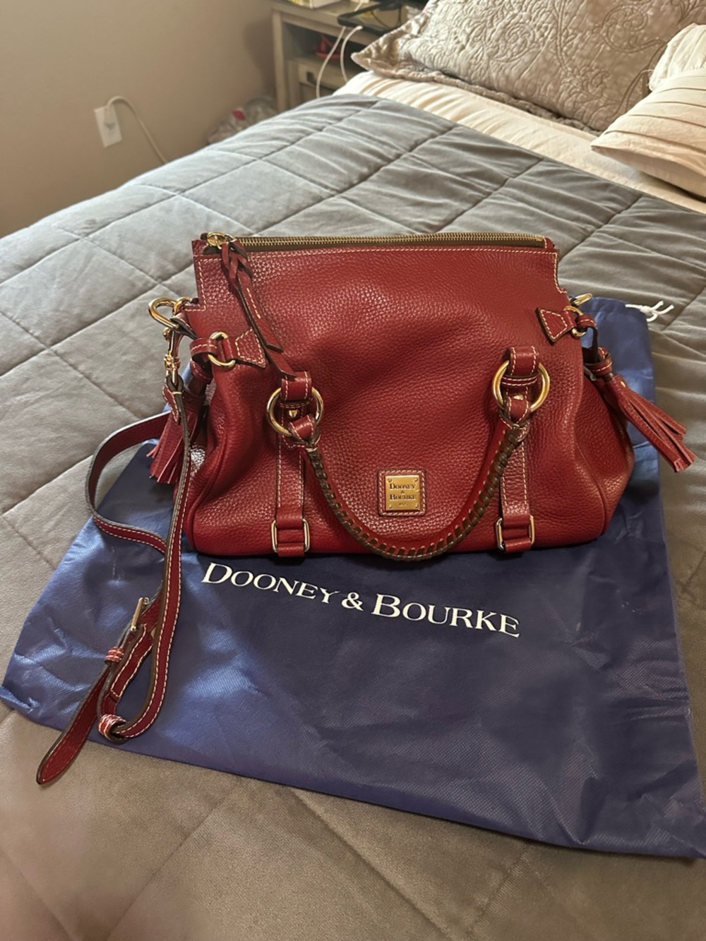 Dooney & Bourke Burgundy Red Pebbled Leather Shoulder Bag w tassels